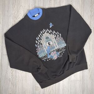 Vintage Gopher Sport Women’s Large Black Blue Jay Bird Garden Sweater Granny